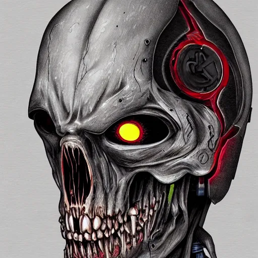 Prompt: pixiv, gruesome, sci - fi, polychaeta, undead cyborg head, doom, newt, red, white