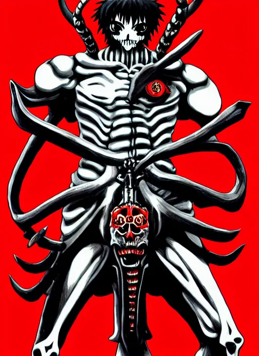 Image similar to shin megami tensei art of a demon that is a skeleton soviet soldier from 1 9 2 0 s, art by kazuma kaneko, demonic! compedium!, law aligned, digital drawing, white background, very high quality, very highly detailed