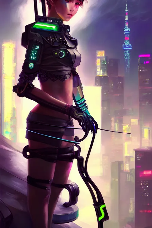 Image similar to portrait futuristic adorable cyberpunk young female archer, in futuristic stormy thunder light tokyo rooftop cyberpunk night, ssci-fi, fantasy, intricate, very very beautiful, elegant, neon light, highly detailed, digital painting, artstation, concept art, soft light, hdri, smooth, sharp focus, illustration, art by tian zi and craig mullins and WLOP and alphonse mucha