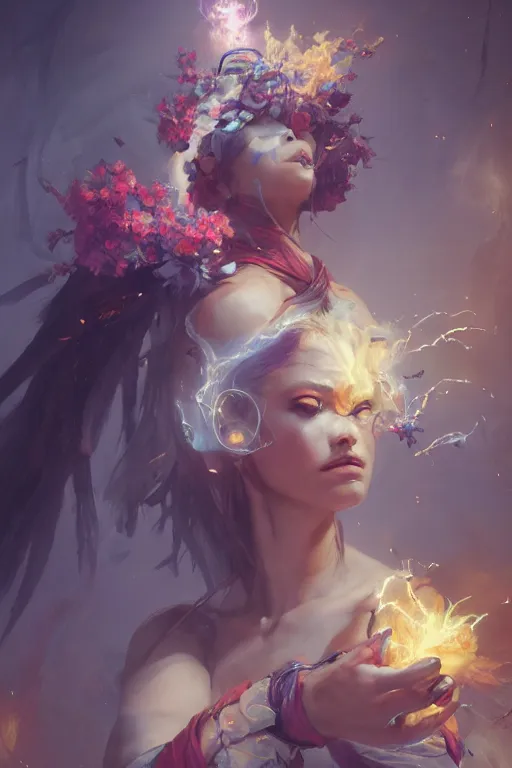 Prompt: beautiful girl necromancer, mage, witch - doctor exploding into flowers, angels, demons, 3 d render, hyper - realistic detailed portrait, holding fire and electricity, ruan jia, wlop. scifi, fantasy, magic the gathering, hyper detailed, octane render, concept art, peter mohrbacher