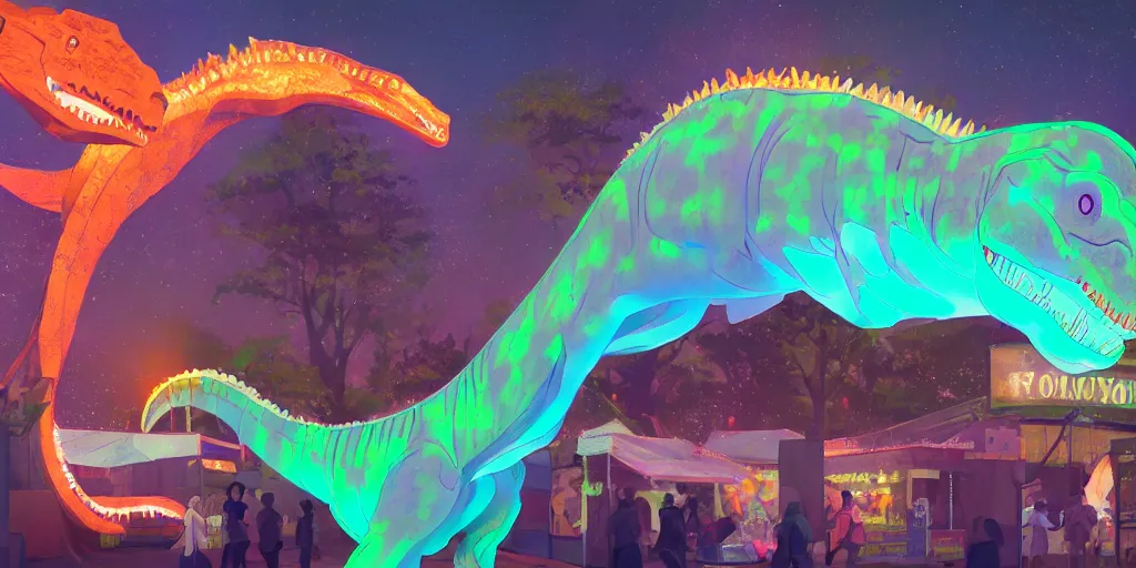 Image similar to glowing hologram dinosaur at the county fair by makoto shinkai