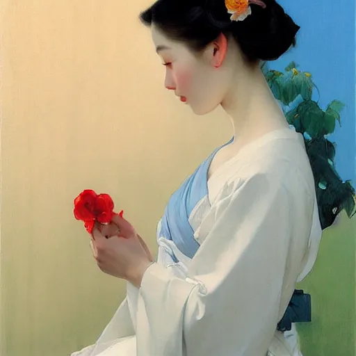 Image similar to yanjun cheng portrait of a beautiful geisha android floral pattern by norman rockwell, bouguereau