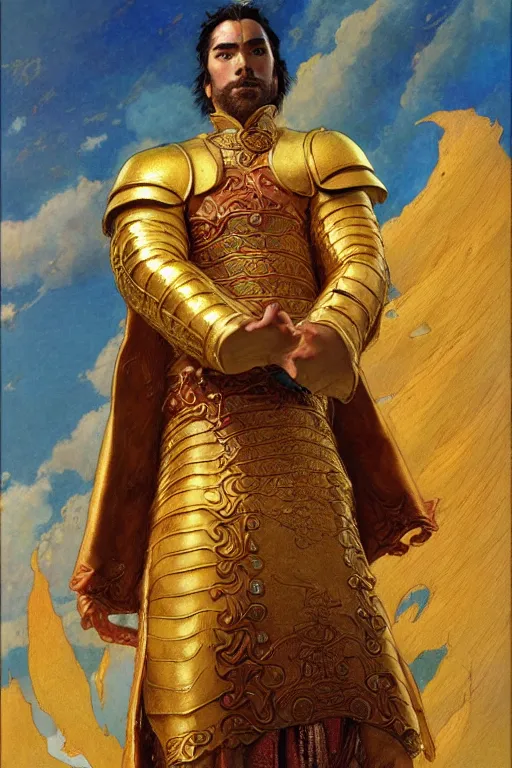 Prompt: tales of earthsea, attractive male with golden armor, ming dynasty, character design, painting by gaston bussiere, craig mullins, j. c. leyendecker, tom of finland