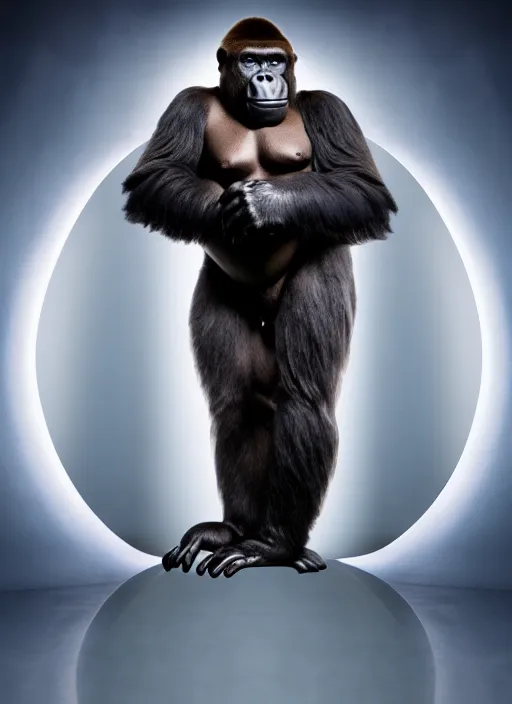 Image similar to studio photo still of a full body gorilla in a space suit, 8 k, studio lighting, key light from right side,