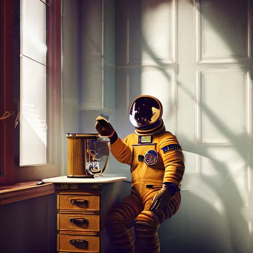 Prompt: a single cosmonaut in a spacesuit drinks a steaming cup of tea at an old wooden desk in a richly decorated victorian house. the autumn light comes in through a window and dimly illuminates the room, diffuse light, octane render