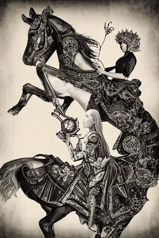 Image similar to self - transforming machine elf riding horse and holding chalice in the style of nordic noir television, dmt fractal tiling across the background, double exposure film, black and white kodak portra, knight of cups, vintage etteilla tarot