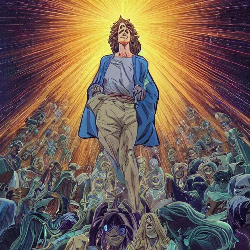 Image similar to the transfiguration of jesus christ in the style of jojo's bizarre adventure, an ultrafine detailed painting by james jean, behance contest winner