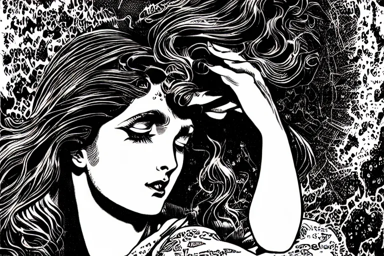 Prompt: a glamorous natural girl praying, fantasy graphic novel style, by wendy pini and virgil finlay, intricate, vivid gradient colors, very fine inking lines, extremely detailed, 4k, hd