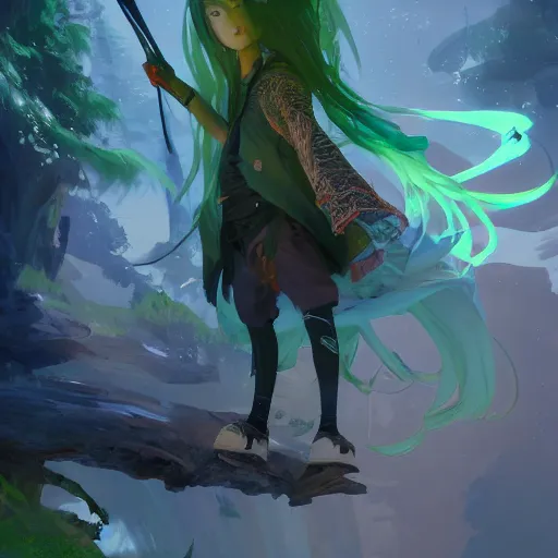 Image similar to a beautiful fullbody portrait of an anime boy with long straight green hair in a western fantasy bard style. character design by cory loftis, fenghua zhong, ryohei hase, ismail inceoglu and ruan jia. artstation, volumetric light, detailed, photorealistic, fantasy, rendered in octane