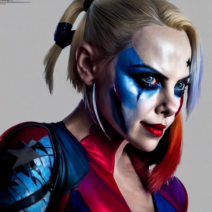 Image similar to portrait of charlize theron as a harley quinn in suicide squad. intricate abstract. intricate artwork. by tooth wu, wlop, beeple, dan mumford. octane render, trending on artstation, greg rutkowski very coherent symmetrical artwork. cinematic, hyper realism, high detail, octane render, 8 k, iridescent accents