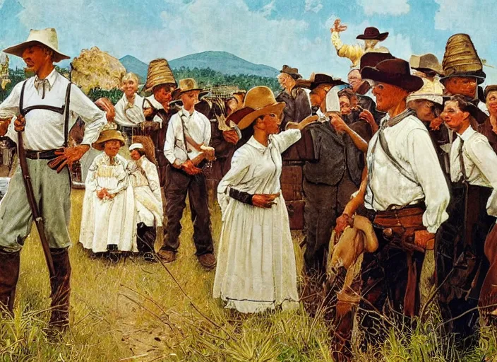 Image similar to mormon pioneers by norman rockwell, highly detailed