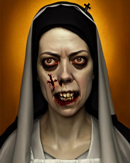 Image similar to medium - shot oil portrait of a zombie nun played by aubrey plaza, artstation, highly detailed digital painting, smooth, global illumination, fantasy art by greg rutkowsky, karl spitzweg, leyendecker