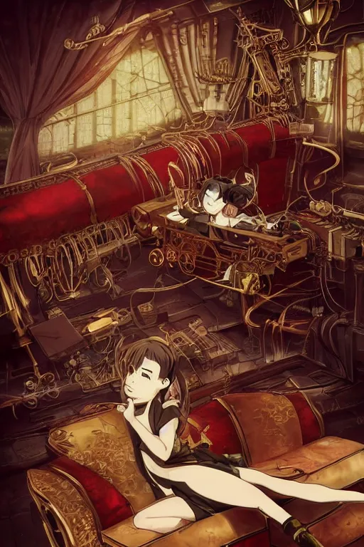 Prompt: anime style movie illustration, old sick gold and crimsoned scaled asian dragon on a steam punk couch with wires and gears and steam punk apparatus, artstation, matte painting, style of studio ghibli, featured in artstation and artgerm and pixiv, award winning, cinematic, elegant, intricate, 8 k