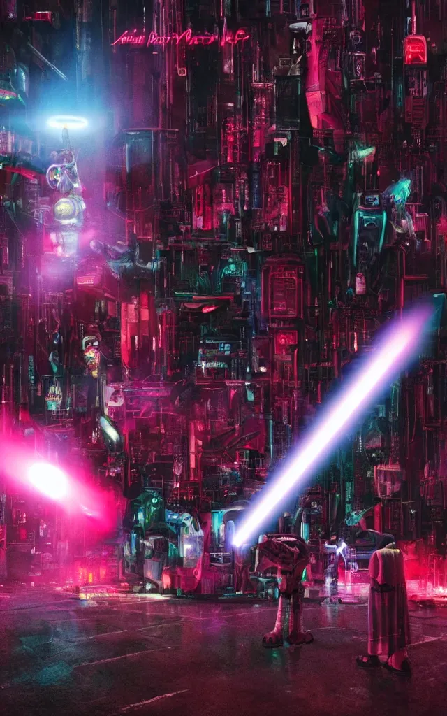 Image similar to Pope shooting bright lasers in front of robotic nuns, 80s, science fiction, cyberpunk, neon, low angle shot, cross, pope, movie poster, futuristic