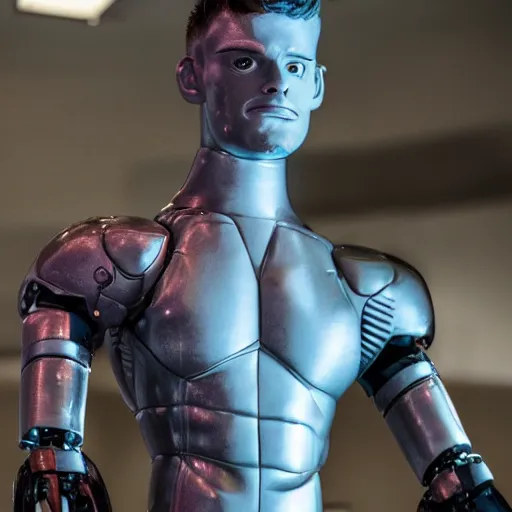 Image similar to a realistic detailed photo of a guy who is an attractive humanoid who is half robot and half humanoid, who is a male android, wrestler finn balor, shiny skin, posing like a statue, blank stare, by the pool, on display, showing off his muscles, humanoid robot, frozen ice statue