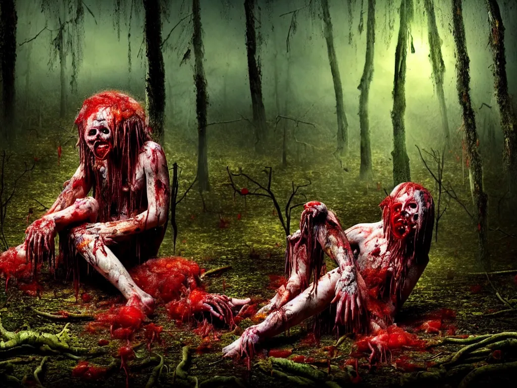 Prompt: a beautiful colorful ( flesh - eating ) gazipagmo covered in raindow fur and maggots, eating the leg of a screaming man, in a creepy forest with melting trees, schizophrenic hallucination, fear, morbid, nightmare, supernatural, 8 k, hd photography, highly detailed, chiaroscuro, terrifying