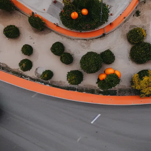 Prompt: Orange fruit with wheels, riding in a italian coastal town highway. Drone cinematic view award winning photography, 8k