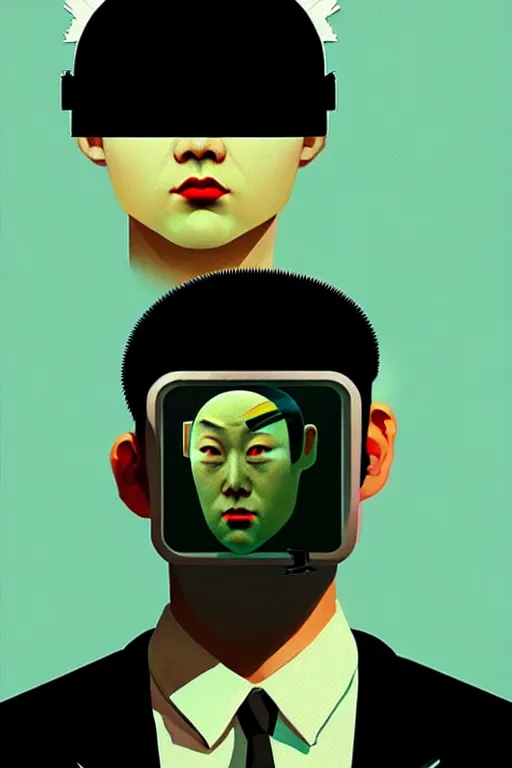 Image similar to north korean hacker wearing oculus and digital glitch head edward hopper and james gilleard zdzislaw beksisnski richard corben higly detailed