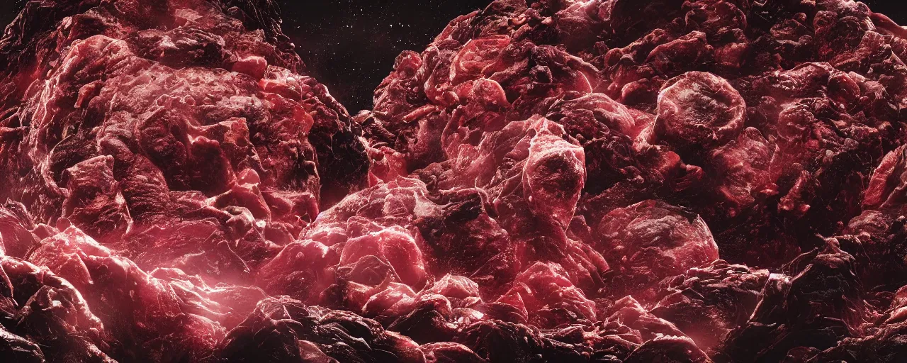 Image similar to ” outer planet made of meat and saliva, [ moist, wet, cinematic, detailed, epic, widescreen, opening, establishing, mattepainting, photorealistic, realistic textures, octane render ] ”