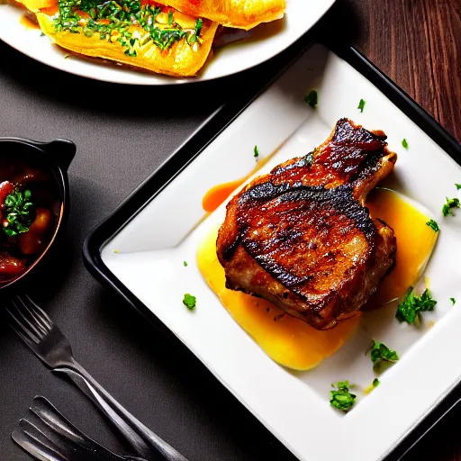 Image similar to caramelized pork chops and omelette, professional food photography in fancy restuarant