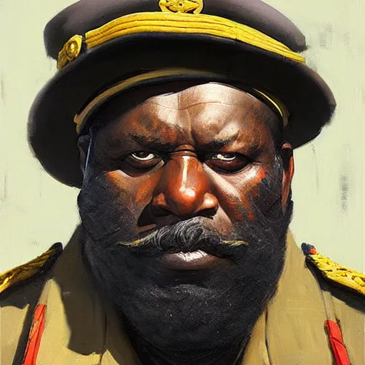 Prompt: Greg Manchess portrait painting of a large 60 year old African military general character, grey beard, medium shot, athletic, asymmetrical, profile picture, Organic Painting, dramatic light, matte painting, bold shapes, hard edges, street art, trending on artstation, by Huang Guangjian and Gil Elvgren and Sachin Teng