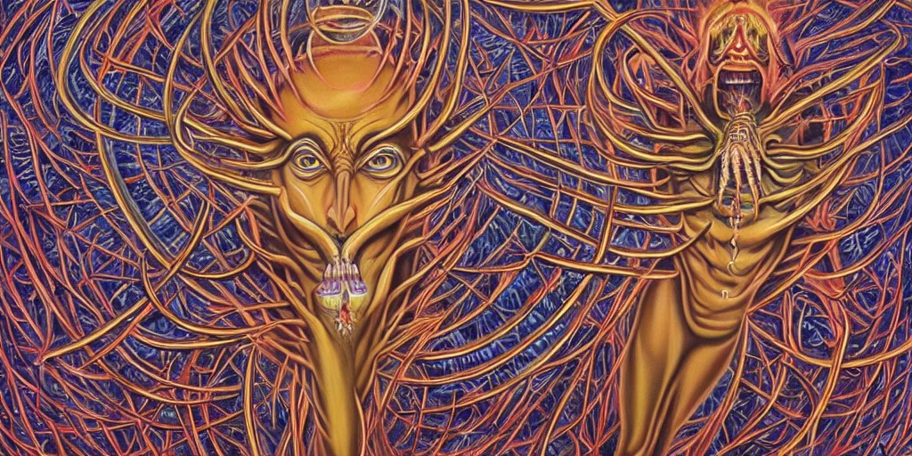 Image similar to drawing inspiration from sri lankan demonology, divine disease is an artistic representation of the malefic deity whose presence is responsible for the cause of epidemics and infectious diseases, concept art, biomechanical, realistic oil painting by alex grey