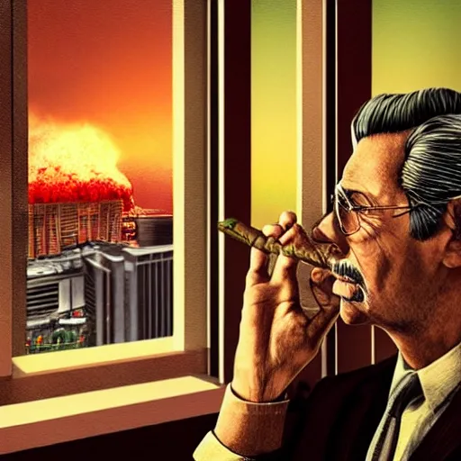 Prompt: Mr. House, realistic, highly detailed face, looks at the nuclear explosion, from the window of the Lucky 38 Casino, holds a cigar in his hand, with five fingers, and smokes, ultra HD, artstation, photorealism, ultrarealistic, retro, 45mm, elegant,