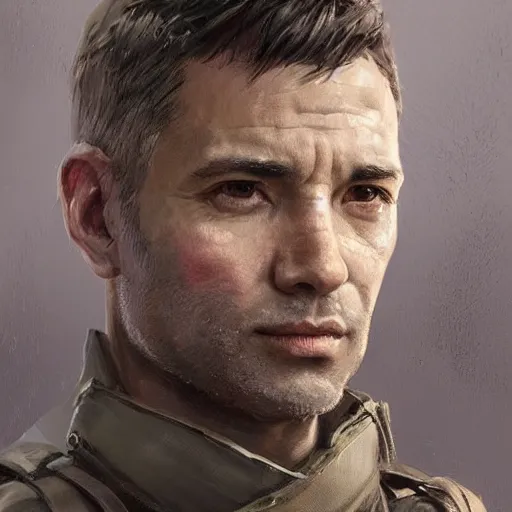Prompt: Portrait of a man by Greg Rutkowski, he is about 40 years old, british-hispanic mixture, attractive, military composure, short brown hair, chilean, father image vibes, he is wearing futuristic military fatigues, highly detailed portrait, digital painting, artstation, concept art, smooth, sharp foccus ilustration, Artstation HQ.