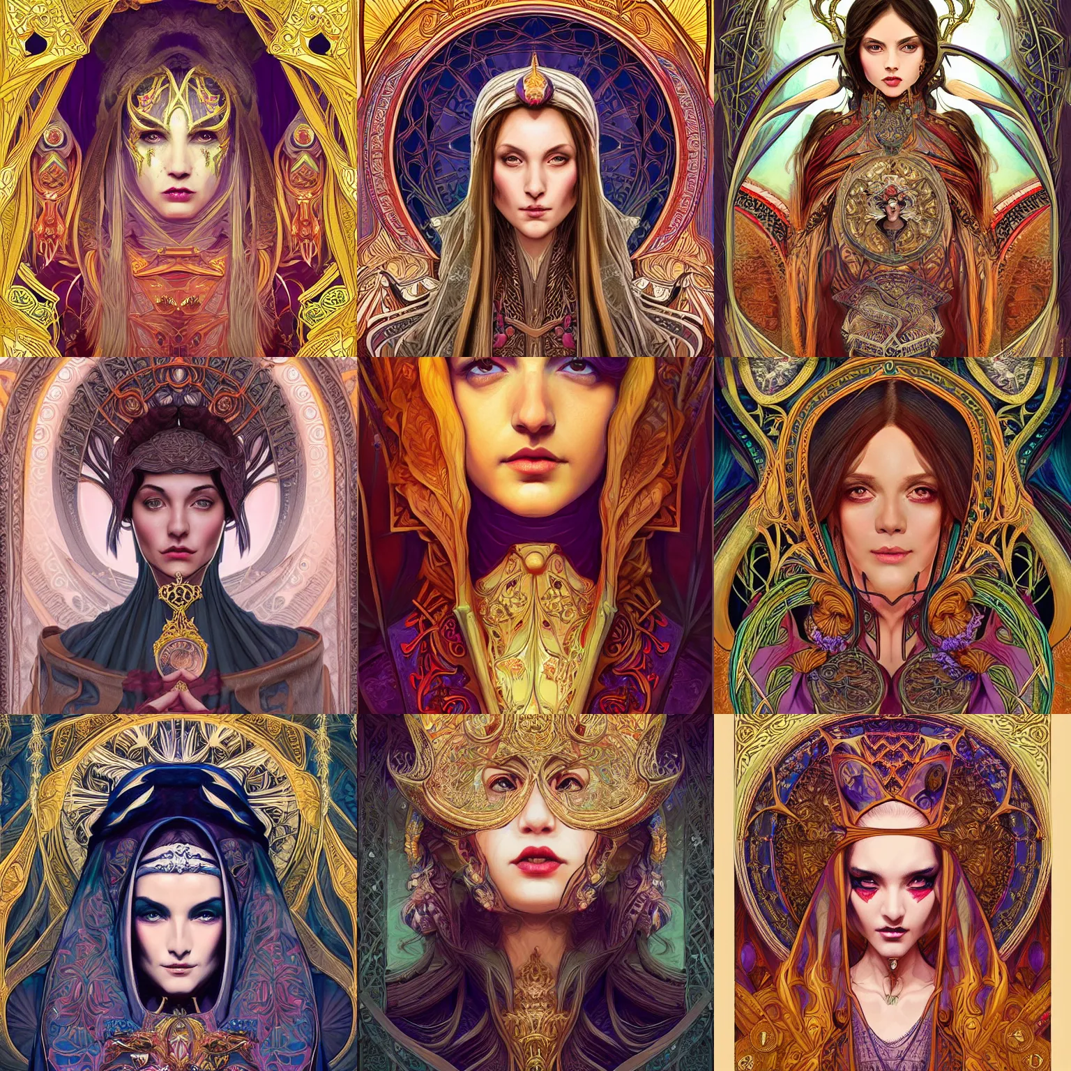 Prompt: head-on symmetrical centered painted portrait, Dorra Zarrouk as a D&D wizard, ornate robes, art nouveau, tarot card style, fantasy, intricate, elegant, highly detailed, smooth, sharp focus, illustration, artstation, in the style of Artgerm and Anna Podedworna and Alex Ross and Mucha