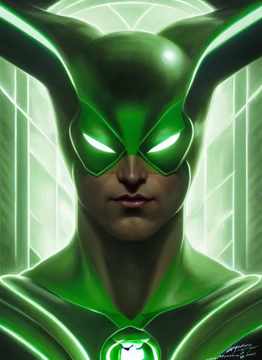 Image similar to symmetry!! green lantern, dc comics, sci - fi, global illumination!! intricate, elegant, highly detailed, digital painting, artstation, concept art, smooth, sharp focus, illustration, art by artgerm and greg rutkowski and alphonse mucha