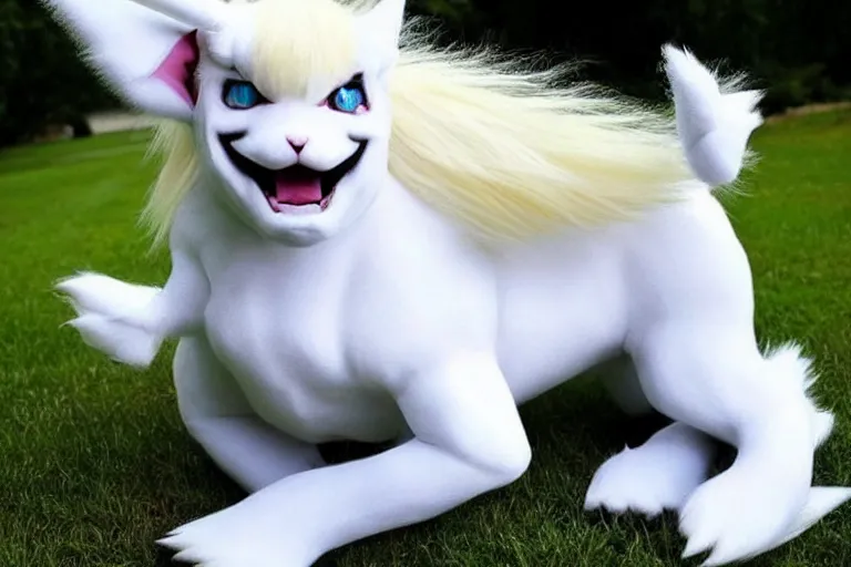 Image similar to real life absol pokemon, cute!!!, heroic!!!, adorable!!!, playful!!!, fluffly!!!, happy!!!, cheeky!!!, mischievous!!!, ultra realistic!!!, feline - like face and posture autumn, clear weather, ( golden hour ), sharp focus