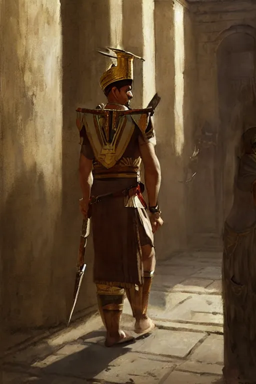 Image similar to an ancient egyptian palace guard walking through the egyptian courtyard by anders zorn, wonderful, masterpiece by greg rutkowski, beautiful cinematic light, by greg manchess, jessica rossier