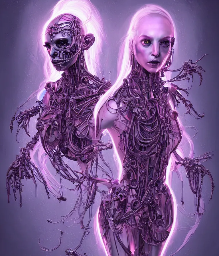 Image similar to fully symmetrical centered iridescent portrait of a beautiful princess demon in robe. skulls artificial muscles, ribcage, bones, hard surface modelling. cyberpunk look. biomechanical mask. bio luminescent biomechanical halo around head. neon jellyfish. artwork by jarold Sng by artgerm, by Eddie Mendoza, by Peter mohrbacher by emil melmoth, by zdzislaw beksinski, unreal engine, octane render, cinematic light, high details, iridescent colors, dichroic, macro, depth of field, blur