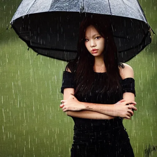 Image similar to a portrait of blackpink Lisa singer posing in the rain