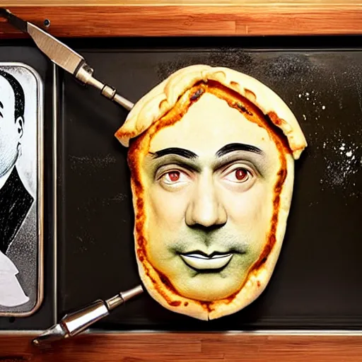 Image similar to al capone as a calzone being turned into a calzone as a calzone but still with the face of al capone being baked in an oven as a calzone, realistic, hyperrealistic, ultra realistic, real, real world, highly detailed, very detailed, extremely detailed, intricate details, 8 k resolution, hd quality