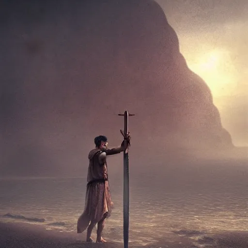 Image similar to “ a foggy beach, a roman in a red tunic holds a gladius sword at his side while looking at debris of a roman trireme ” dark fantasy, cinematic, very detailed, mist, volumetric lighting, golden ratio, vivid, trending on artstation, 4 k matte painting,