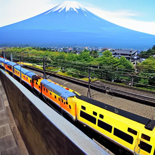 Prompt: jnr class d 5 1 train travelling by mount fuji