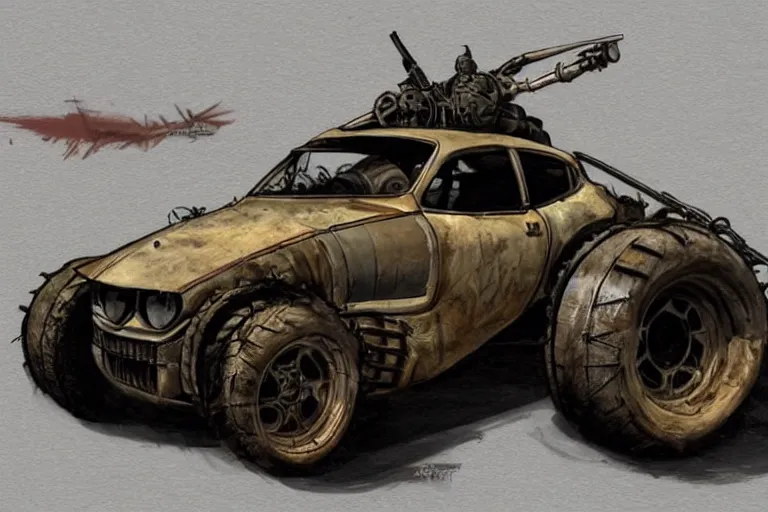 Image similar to Concept art of a mad max wedge car. Dieselpunk