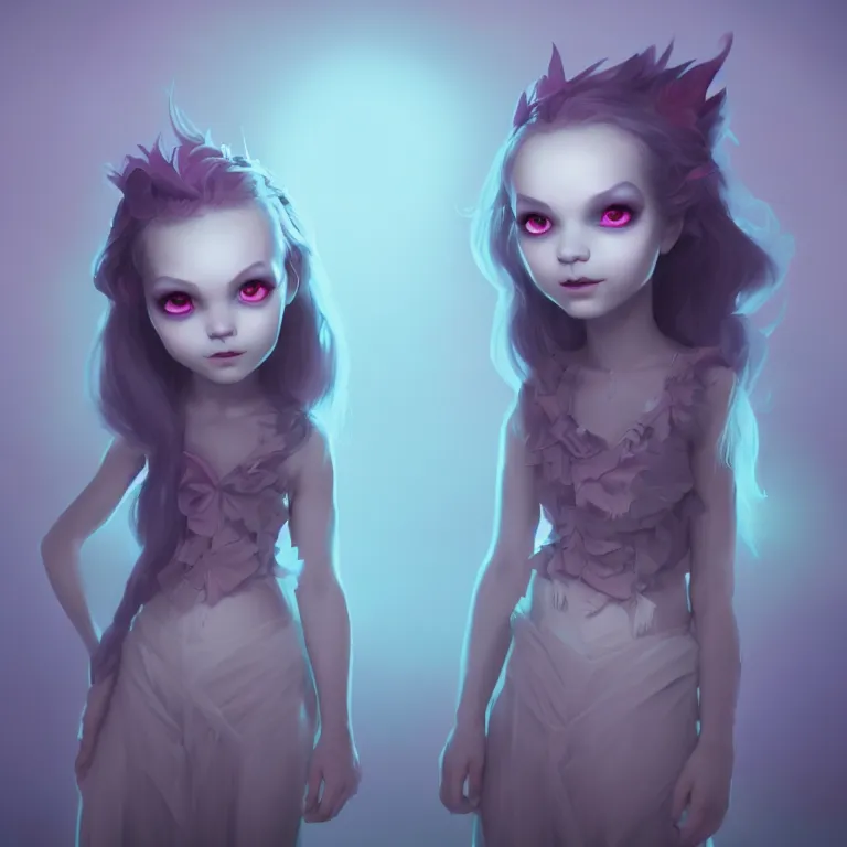 Image similar to super cute Bioluminescent twins gothic lolitas character concept, soft light, soft mood, realistic body features and face, illustration, painting oil on canvas by Elena Zhurikhina and Goro Fujita and Charlie Bowater, octane render trending on artstation, 4k, 8k, HD