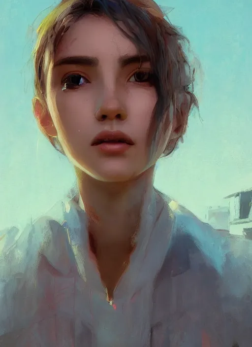 Image similar to digital art of a beautiful girl wearing a shirt standing in front of a ruined apartment complex, desert composition, sunlit, expressive oil painting, by artgerm, by jeremy lipking, anime style, octane render, bright colors, face!!!! close - up