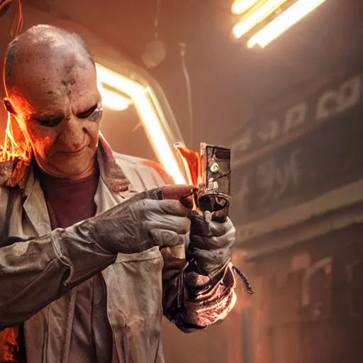 Image similar to half rusted old egg beater half stun - gun, balding older cyborg repairing, red hot soldering iron, dark messy smoke - filled cluttered workshop, dark, dramatic lighting, orange tint, cinematic, highly detailed, sci - fi, futuristic, movie still from blade runner