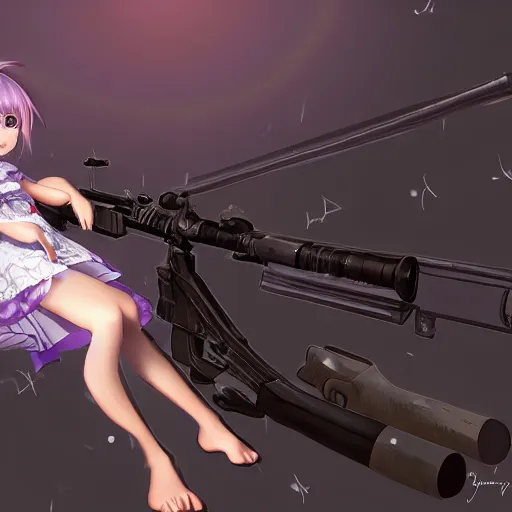 Prompt: advanced digital anime art, Sakimichan , a small school girl with silver hair wearing a violet dress and bare feet aiming through a PSG1 sniper rifle, DOF, Gaussian Blur, —W 1920