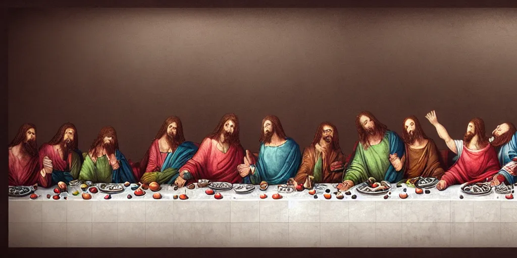 Image similar to last supper realistic robot , A Monster Emerges - trending on art station , depth of field