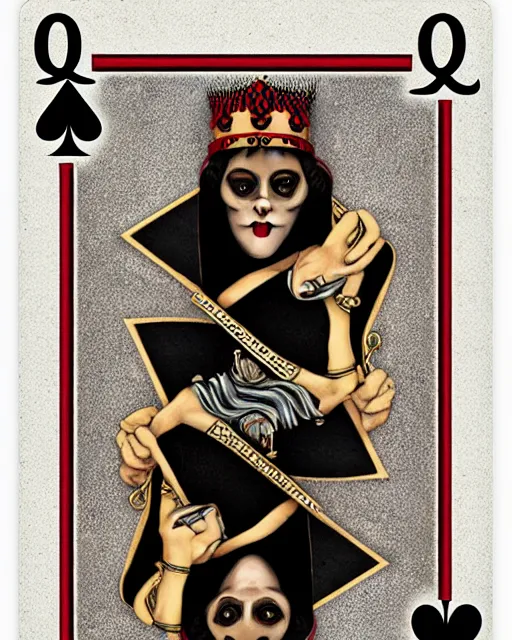 Prompt: queen of spades playing card in the style of tom bagshaw