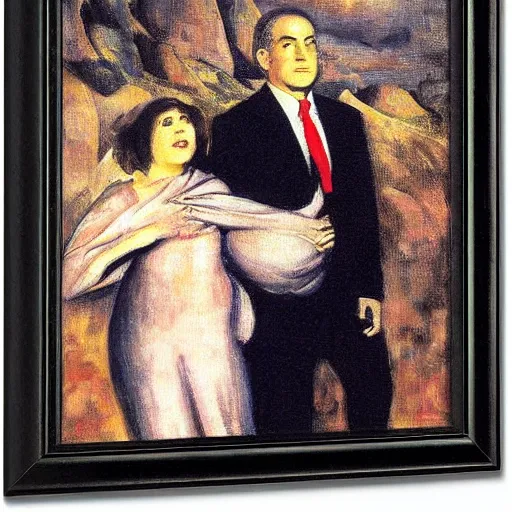 Image similar to Benjamin Netanyahu carrying Sara Netanyahu on his shoulders up a black mountain, wide shot, by Franz Stuck