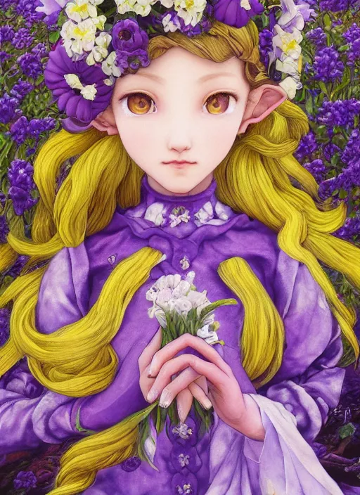 Image similar to elf girl wearing an flower suit, soft hair. light color palate, purple, yellow and white. detailed soft painting, ayami kojima, made in abyss, anatomically correct, ilya kuvshinov, inspired in balthus, high detailed face anime, vogue magazine, glorious composition, mobile wallpaper