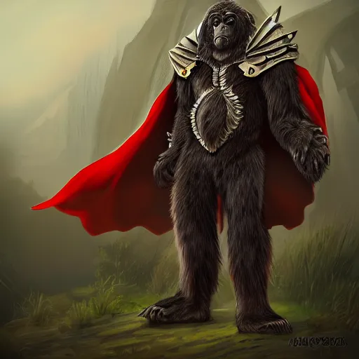 Image similar to fury art, an anthro ape wearing a large cape and a fantasy armor, colorful background, 3 d, 8 k, extremely detailed, trending on furaffinity, trending on artstation, award winning, sharp focus, illustration