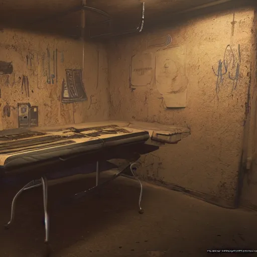 Prompt: ripper doc surgery table. underground. lowlight. diffuse ambience. darkness Cyberpunk 2077. CP2077. 3840 x 2160