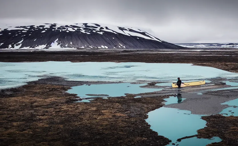 Image similar to canoeing through a lake in iceland, moody, cinematic, fpv, muted colors, glaciers, ice, water