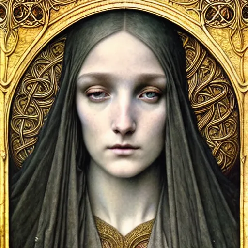 Prompt: detailed realistic beautiful young medieval queen face portrait by jean delville, tom bagshaw, brooke shaden, gustave dore and marco mazzoni, art nouveau, symbolist, visionary, gothic, pre - raphaelite, ornate gilded medieval icon, surreality, ethereal, unearthly, haunting, celestial, neo - gothic, ghostly, memento mori, otherworldly